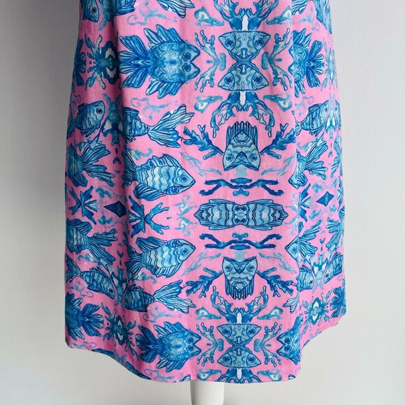 Kaeli Smith Annie Dress Mirror Fish Print Pink Blue Sleeveless Scoop Neck Size 8 - Picture 3 of 9